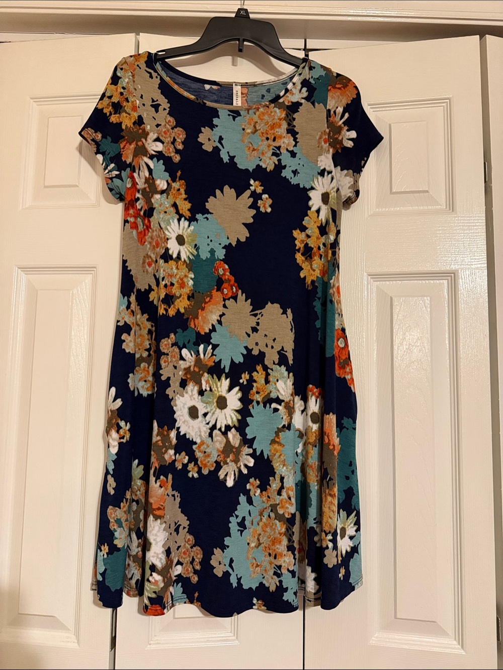 Emerald Navy Floral Knee Length Dress with Teal & Cream Blooms and Pockets